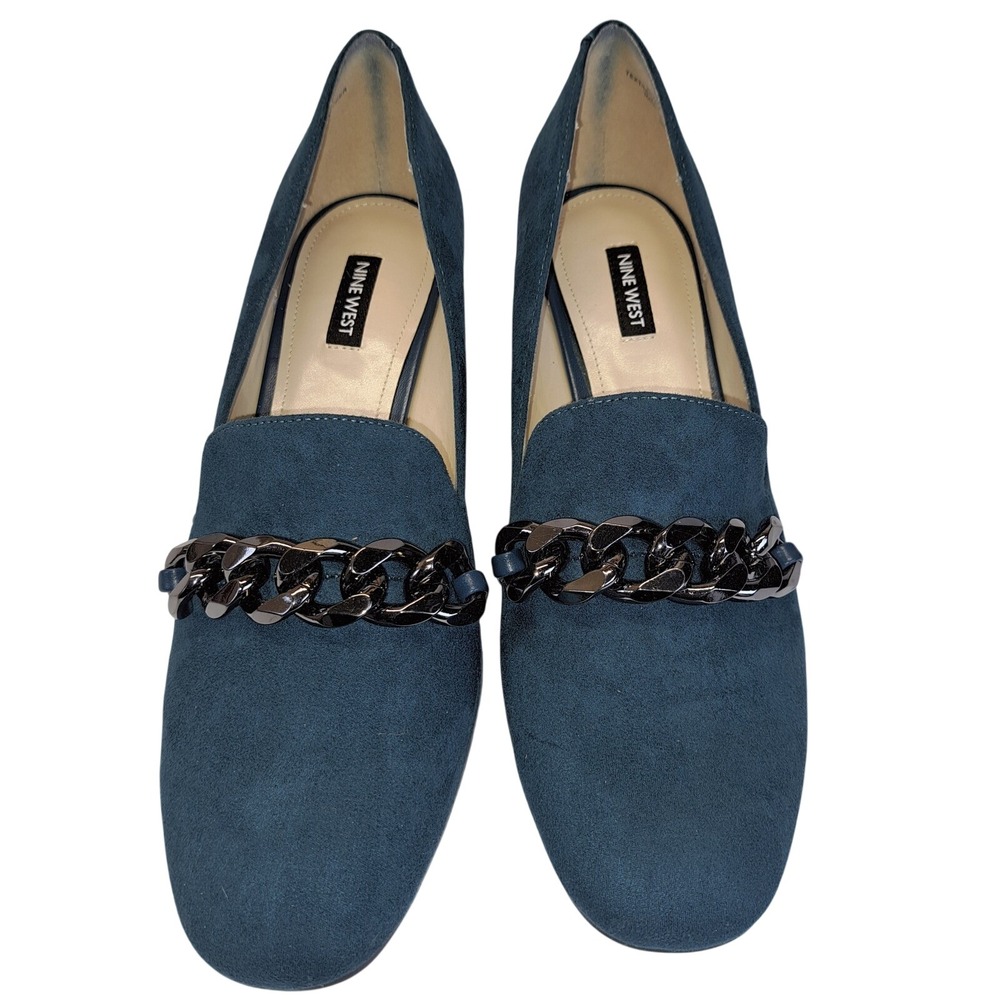 Nine West Teal Suede Chain-Accent Loafers